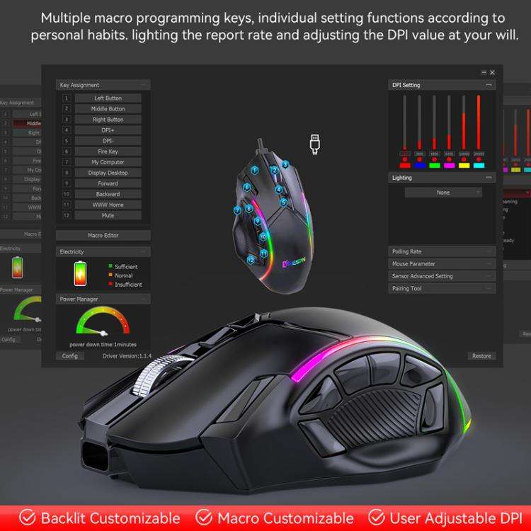 MKESPN W605 Triple-Mode 24000 DPI 12-key Wireless Gaming Mouse Macro Customization(Black)