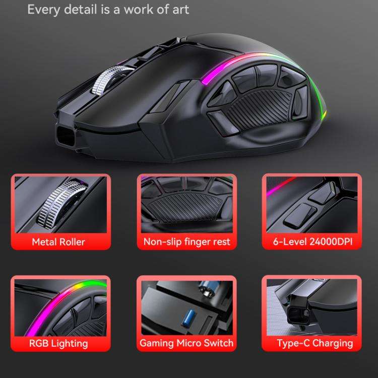 MKESPN W605 Triple-Mode 24000 DPI 12-key Wireless Gaming Mouse Macro Customization(Black)