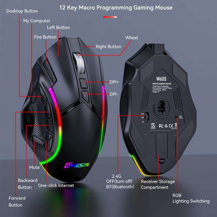 MKESPN W605 Triple-Mode 24000 DPI 12-key Wireless Gaming Mouse Macro Customization(Black)