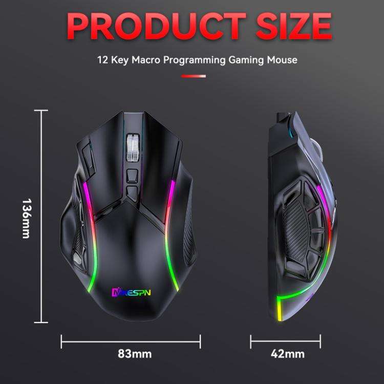 MKESPN W605 Triple-Mode 24000 DPI 12-key Wireless Gaming Mouse Macro Customization(Black)