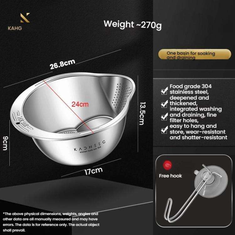 Kacheeg 304 Stainless Steel Multi-Purpose Colander, Vegetable & Rice Strainer, Washing Basket 24cm