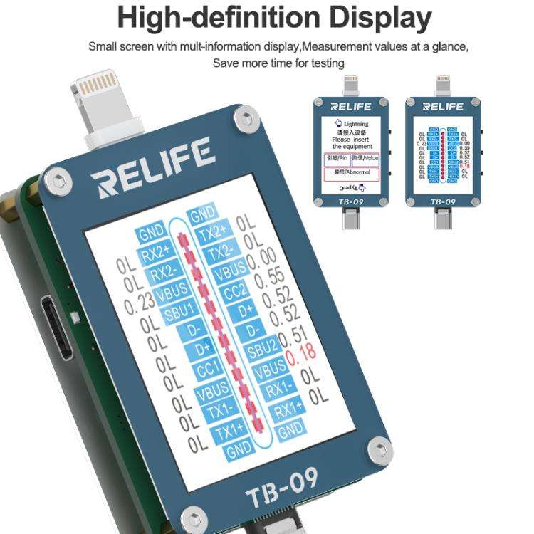 RELIFE TB-09 Type-C / 8 Pin Tail Plug Tester Automatically Locks Fault Points
