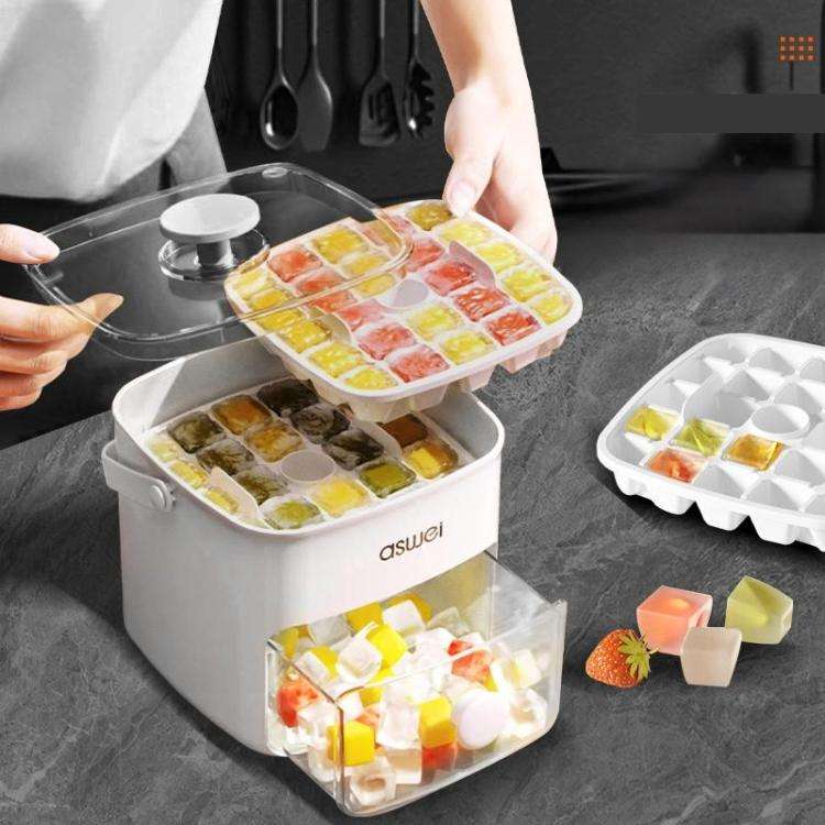 Kacheeg 2-In-1 Double Layer Ice Cube Tray With Storage Container Easy Push Release Mold(White)