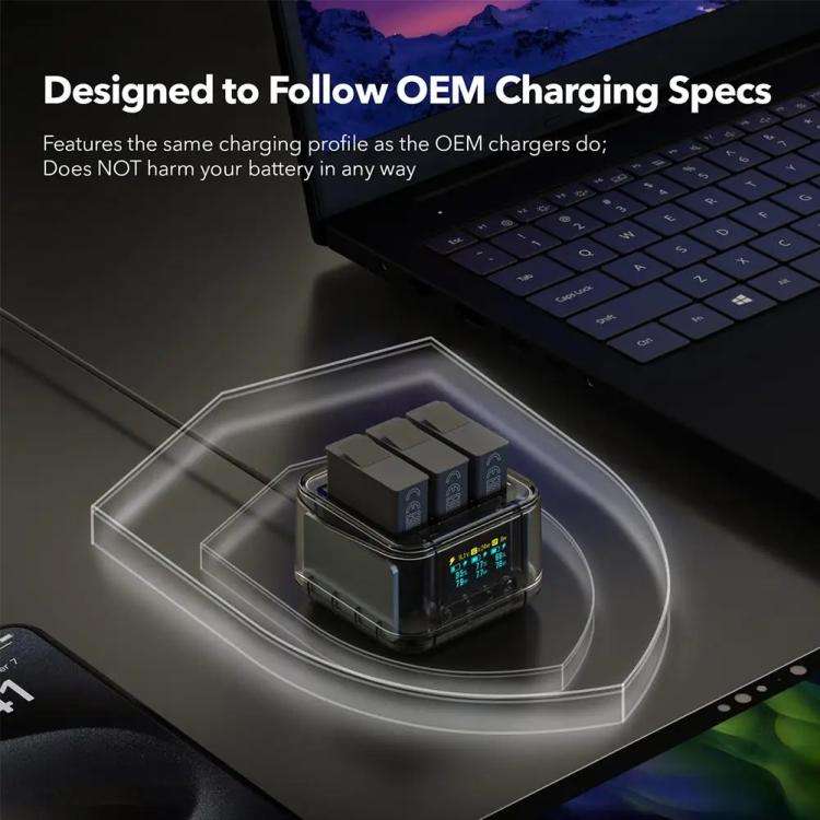For GoPro HERO13 Black Triple Battery Charger Smart Charging Dock With OLED Display(Transparent B...