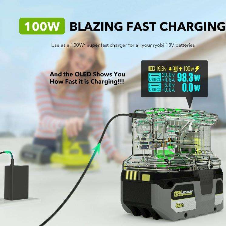 For RYOBI 18V Lithium Battery 100W Fast Charger & 145W Discharge Power Station PSC Pro Max