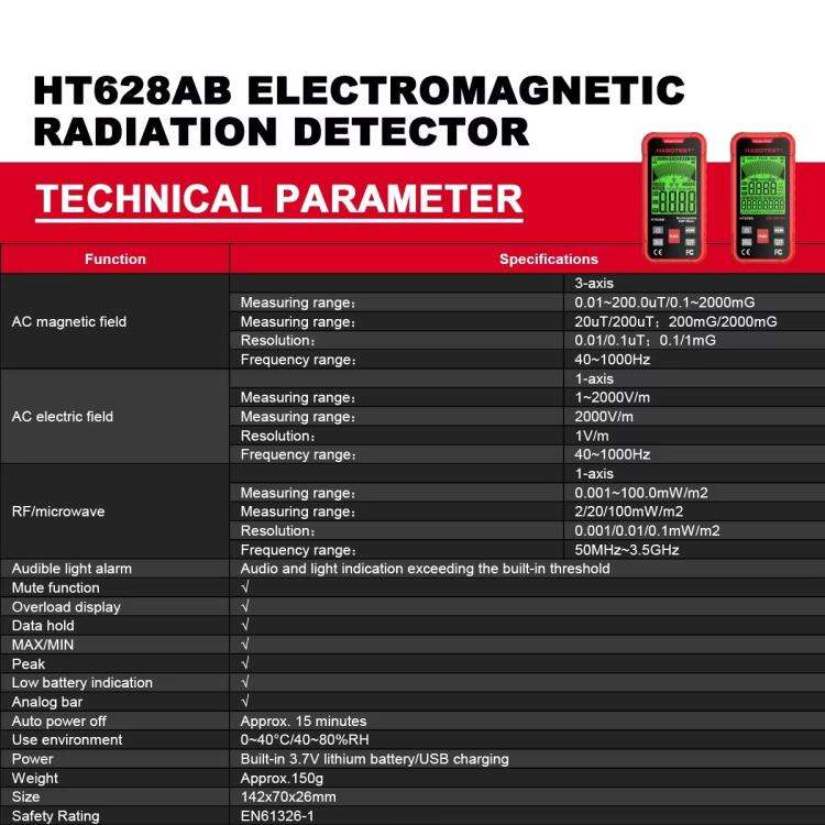 HABOTEST HT628B Multi-Field EMF Meter Rechargeable Electromagnetic Radiation Tester