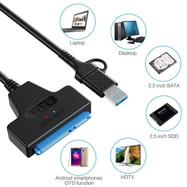USB 3.0/USB-C to SATA 22-Pin Adapter Cable for 2.5-inch Laptop HDD/SSD, Cable Length:  25cm
