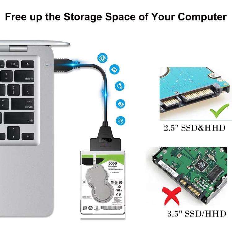 USB 3.0/USB-C to SATA 22-Pin Adapter Cable for 2.5-inch Laptop HDD/SSD, Cable Length:  25cm
