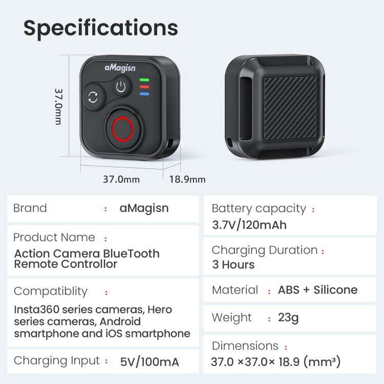 aMagisn Wireless Bluetooth Remote Control for Insta360, GoPro Hero Cameras & Smartphones - 50m Lo...