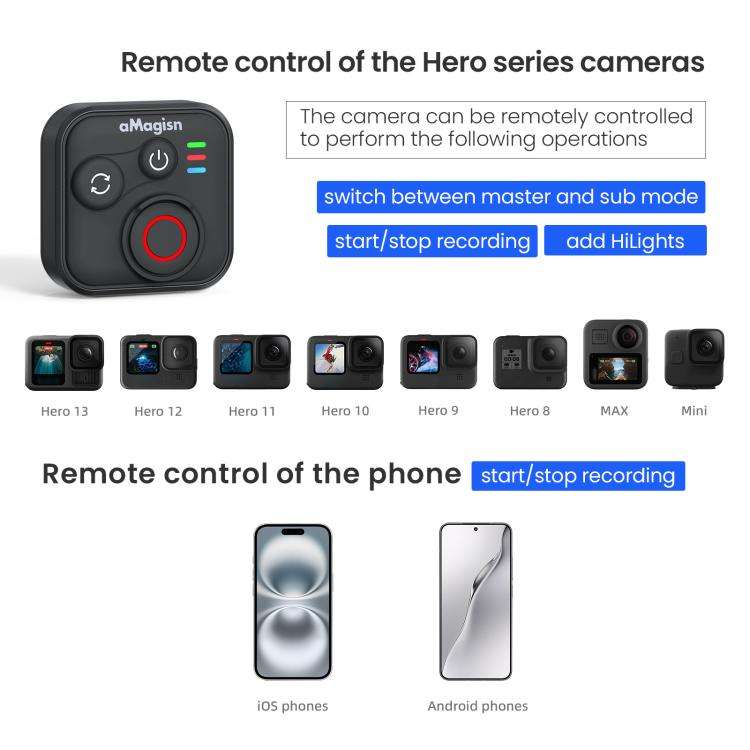 aMagisn Wireless Bluetooth Remote Control for Insta360, GoPro Hero Cameras & Smartphones - 50m Lo...