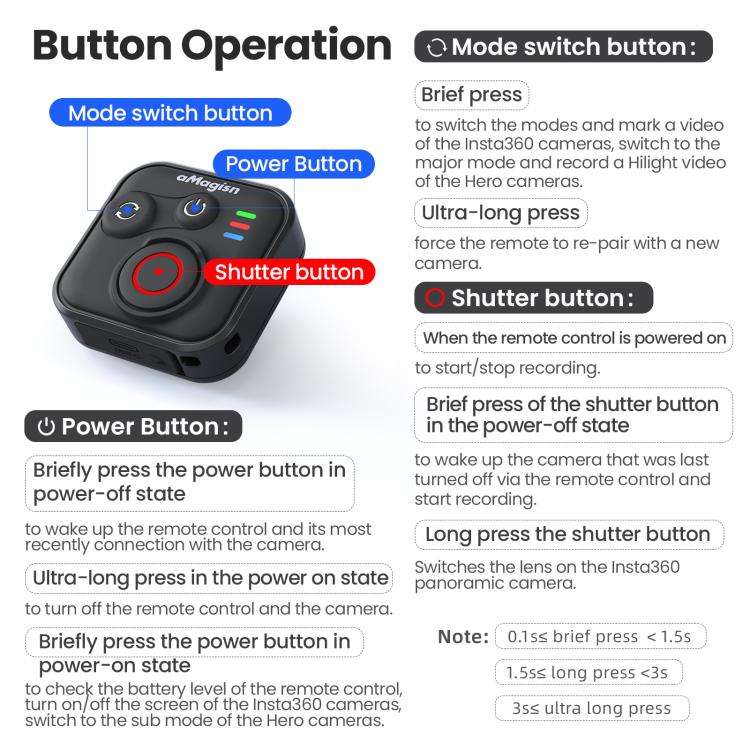 aMagisn Wireless Bluetooth Remote Control for Insta360, GoPro Hero Cameras & Smartphones - 50m Lo...