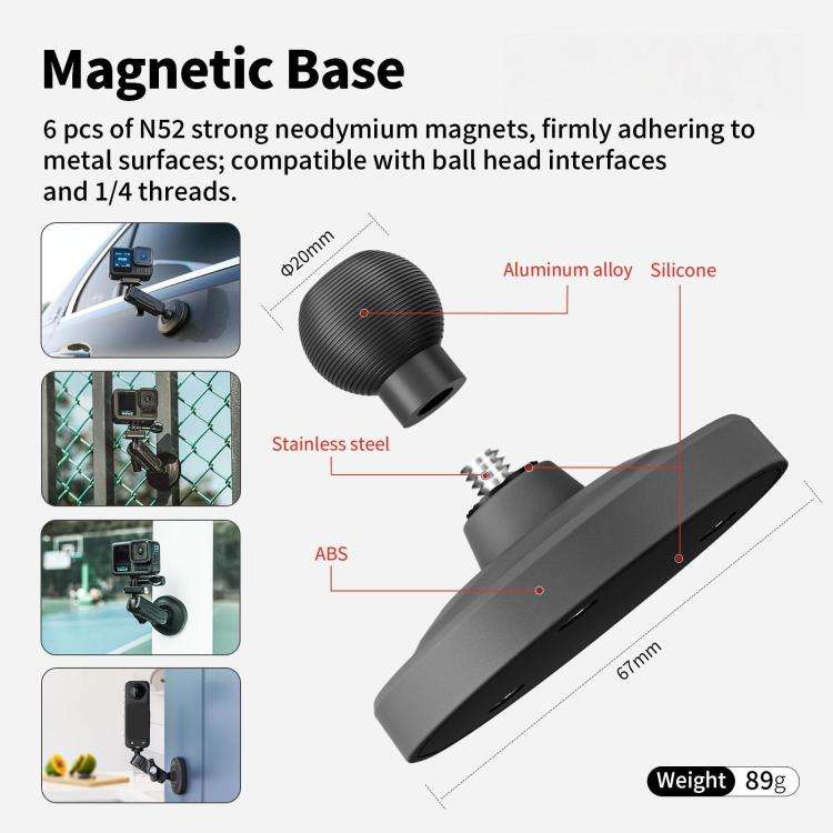 aMagisn Metal Arm Clamp Magnetic Base with 1/4-inch Ball Head For Insta360, DJI, GoPro Cameras(Bl...