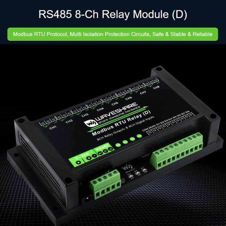 Waveshare Modbus RTU 8-Channel RS485 Relay Module With Digital Input Multi Isolation Protection C...