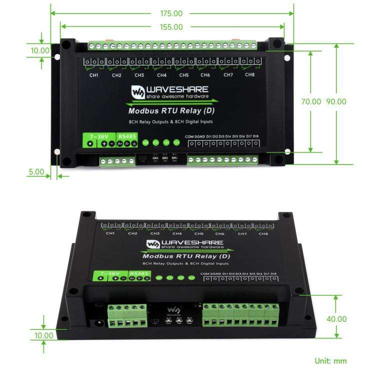 Waveshare Modbus RTU 8-Channel RS485 Relay Module With Digital Input Multi Isolation Protection C...