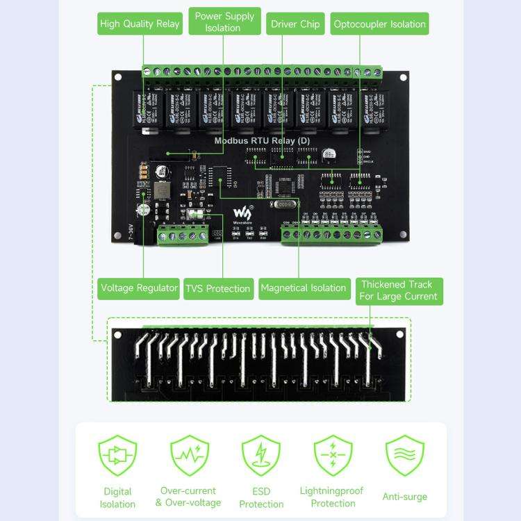Waveshare Modbus RTU 8-Channel RS485 Relay Module With Digital Input Multi Isolation Protection C...
