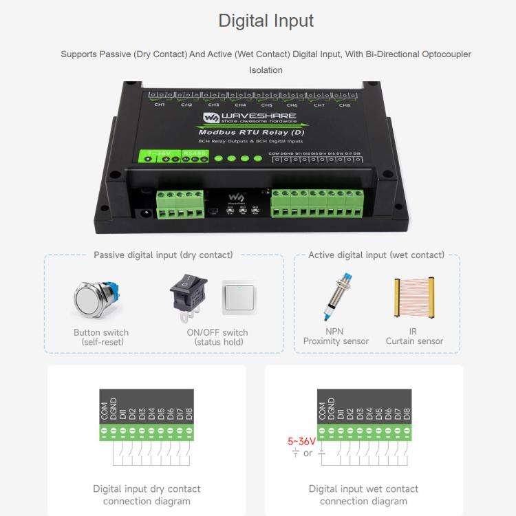 Waveshare Modbus RTU 8-Channel RS485 Relay Module With Digital Input Multi Isolation Protection C...