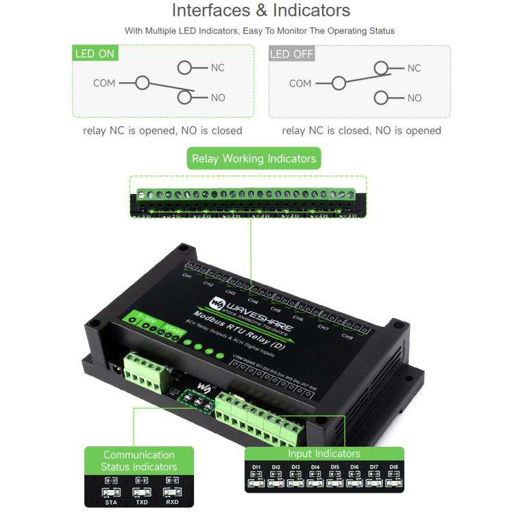 Waveshare Modbus RTU 8-Channel RS485 Relay Module With Digital Input Multi Isolation Protection C...