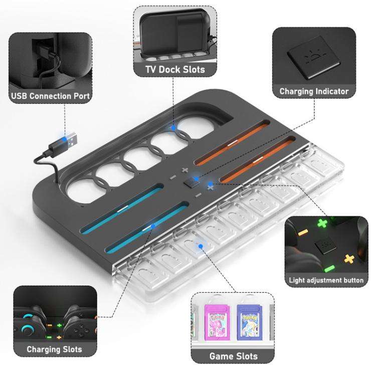 For Nintendo Switch 2  Console and Joy-Con Controllers Charging Dock with RGB Lighting, 9 Game Ca...