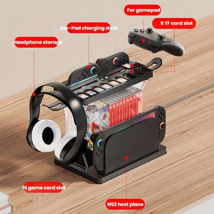 For Nintendo Switch 2 Joy-Con Multi-Functional Holder Charging Station with RGB Lights 25 Game Ca...