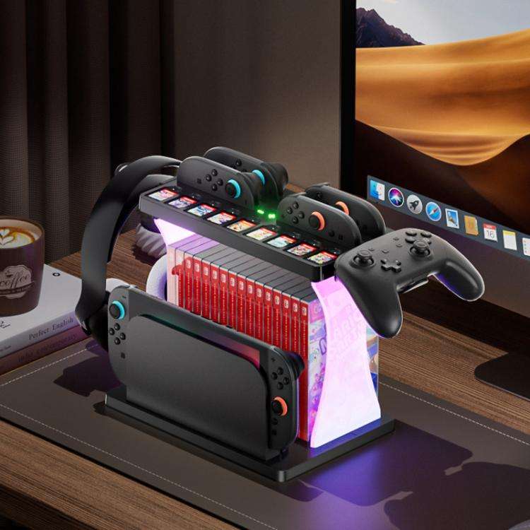 For Nintendo Switch 2 Joy-Con Multi-Functional Holder Charging Station with RGB Lights 25 Game Ca...