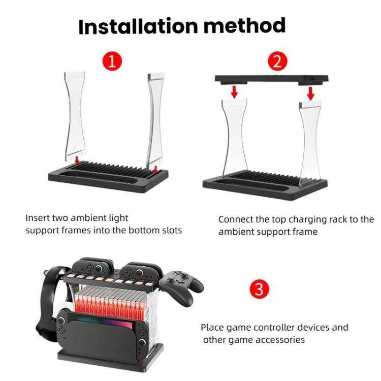 For Nintendo Switch 2 Joy-Con Multi-Functional Holder Charging Station with RGB Lights 25 Game Ca...