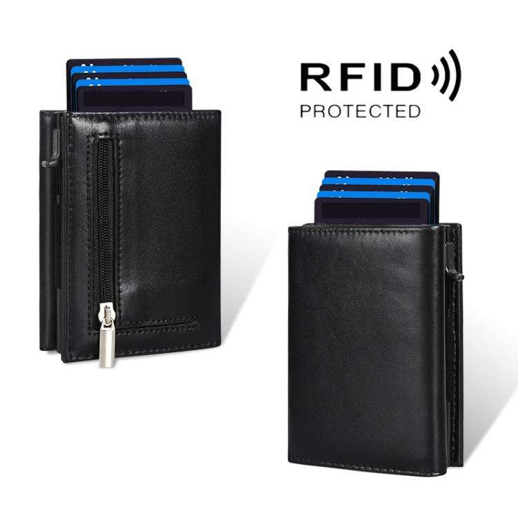 Pop-Up RFID Blocking Card Bag Wallet Genuine Leather & Aluminum Card Holder Zipper Coin Bag(Black)