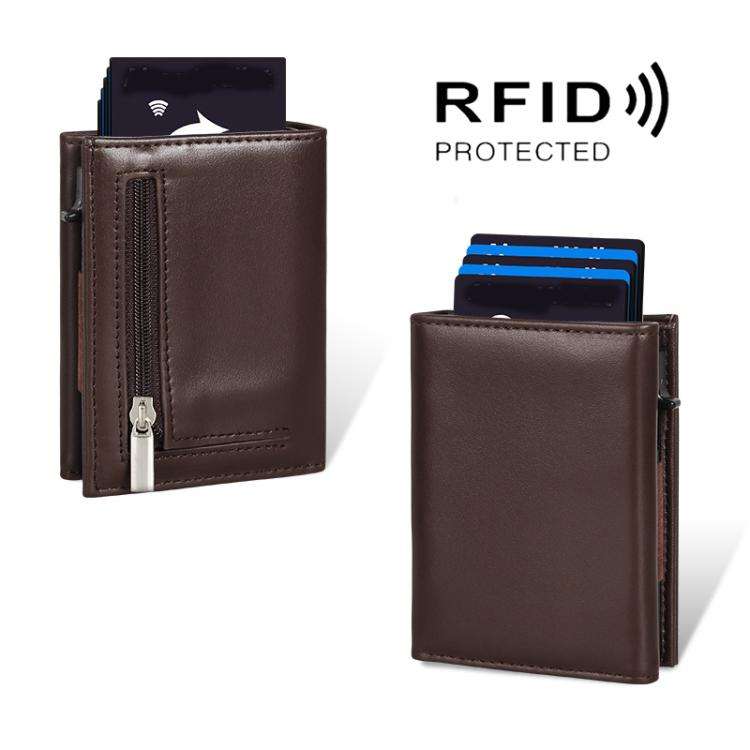 Pop-Up RFID Blocking Card Bag Wallet Genuine Leather & Aluminum Card Holder Zipper Coin Bag(Coffee)