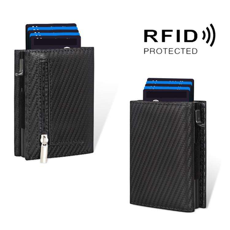 Pop-Up RFID Blocking Card Bag Wallet Genuine Leather & Aluminum Card Holder Zipper Coin Bag(Carbo...