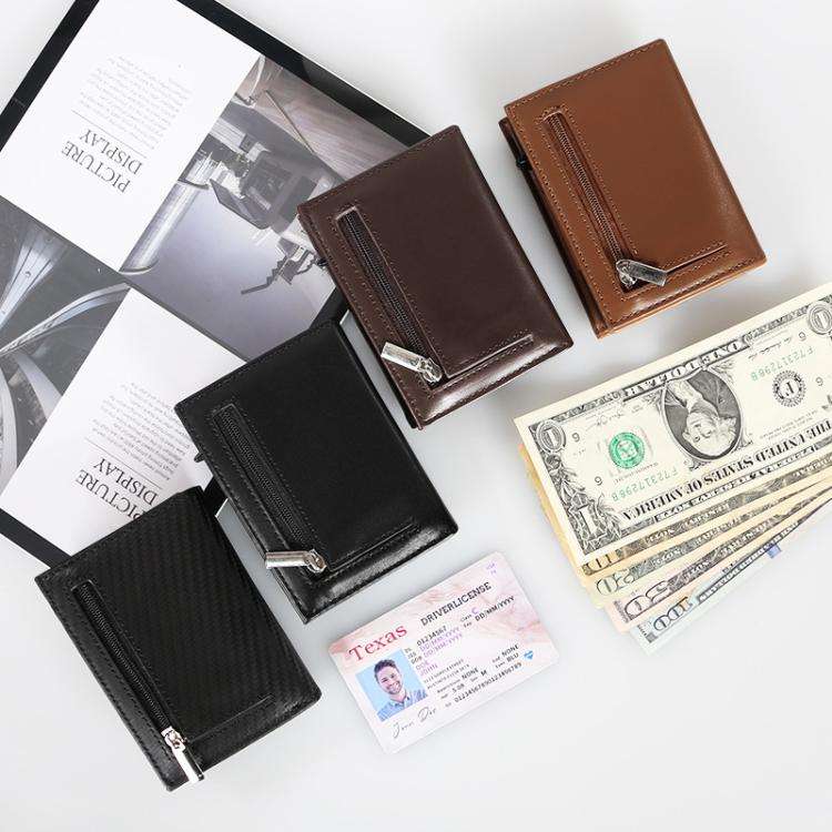 Pop-Up RFID Blocking Card Bag Wallet Genuine Leather & Aluminum Card Holder Zipper Coin Bag(Coffee)