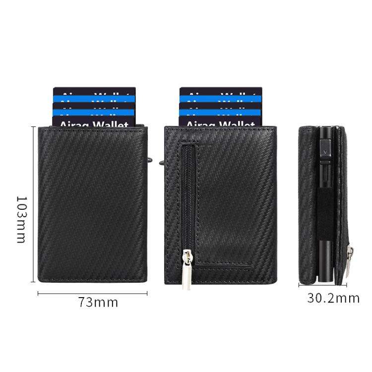 Pop-Up RFID Blocking Card Bag Wallet Genuine Leather & Aluminum Card Holder Zipper Coin Bag(Carbo...