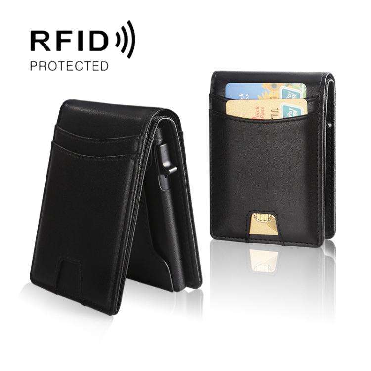 Auto Pop-Up Bifold Metal PU Card Holder RFID Blocking Wallet Slim Design For Credit Cards, ID(Black)