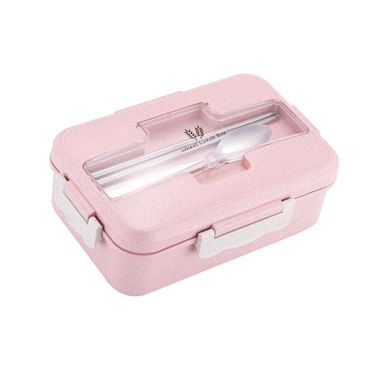 Plastic Split Microwaveable Oven Lunch Box With Stainless Steel Tableware(Pink)