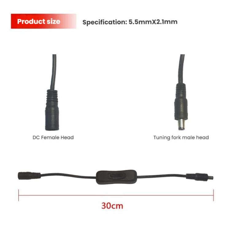 2pcs 5.5x2.1mm Male Female Connection Cable DC Switch Cable 304 Switch Power Cable(Black)