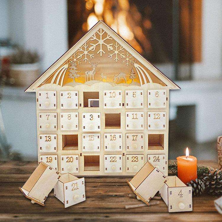 Wooden Christmas Decoration LED Lights 24-Day Countdown Calendar Ornament Gift Box(Deer)