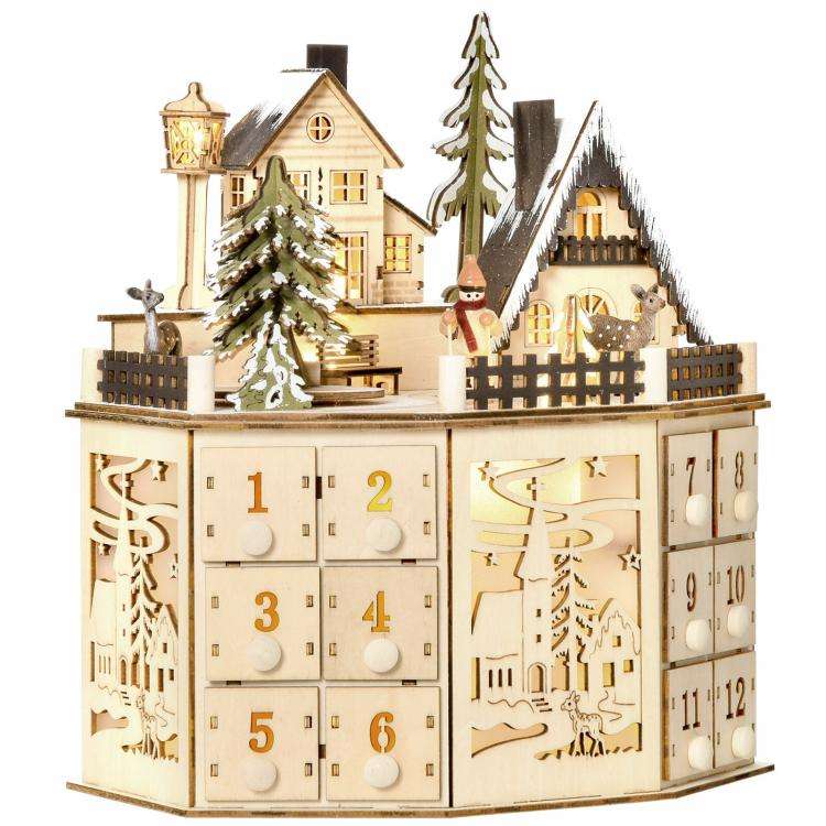 Wooden Village Scene 24 Days Countdown Christmas Music Calendar With Lights