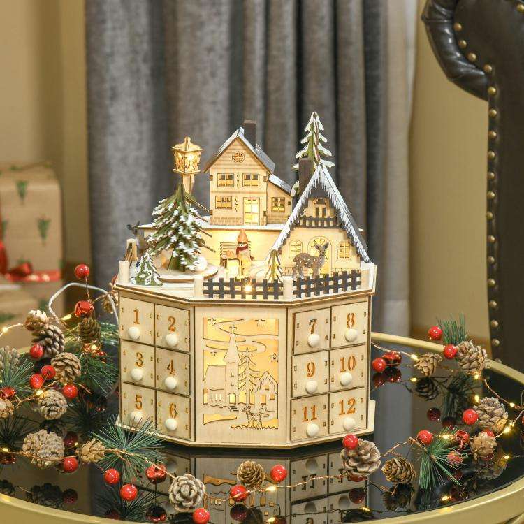 Wooden Village Scene 24 Days Countdown Christmas Music Calendar With Lights