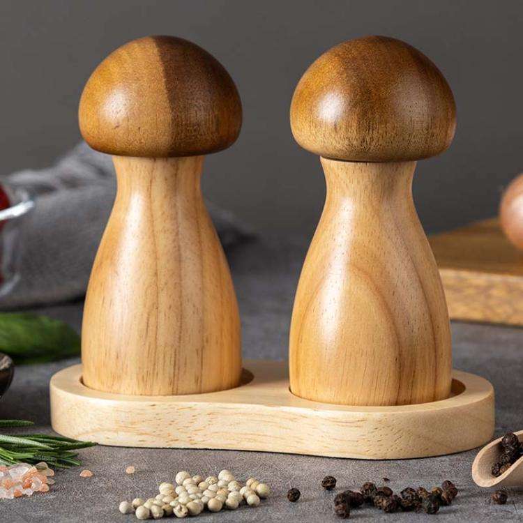 Mushroom Shaped Pepper Grinder Wooden Kitchen Grinding Tool, Spec: Double+Base
