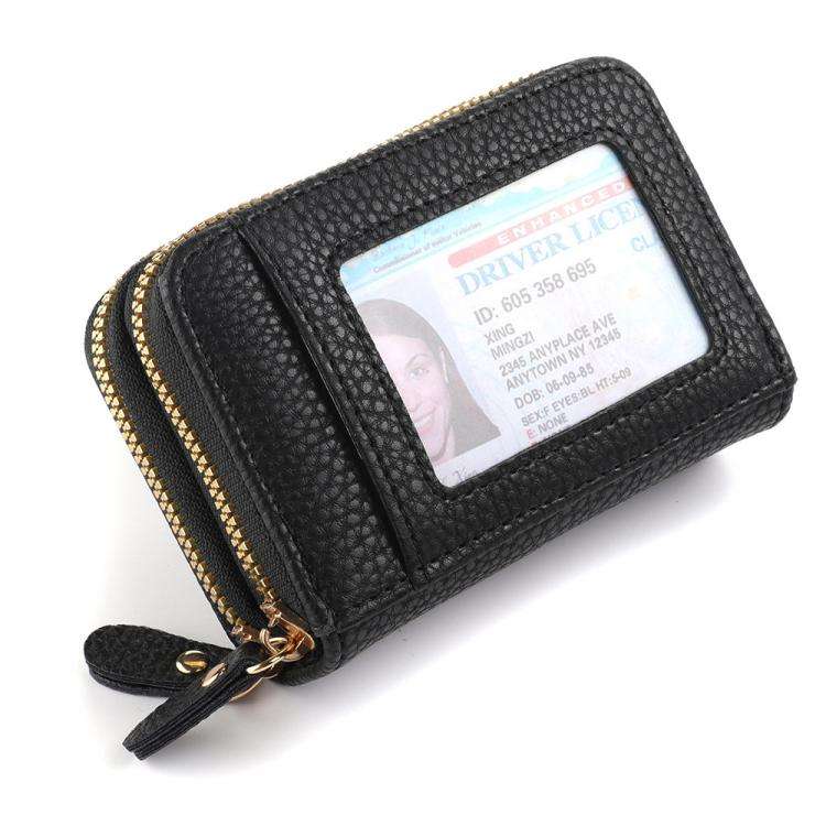 Women Minimalist Accordion Wallet Coin Purse Card Organizer With Double Zipper ID Window(Black)