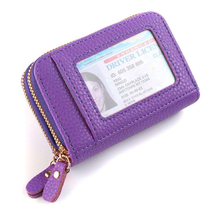 Women Minimalist Accordion Wallet Coin Purse Card Organizer With Double Zipper ID Window(Purple)