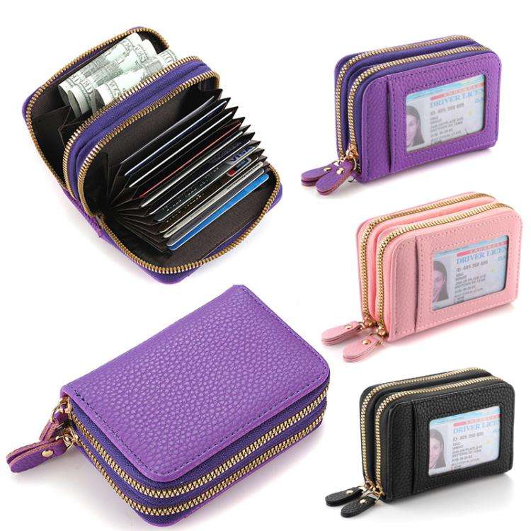 Women Minimalist Accordion Wallet Coin Purse Card Organizer With Double Zipper ID Window(Black)