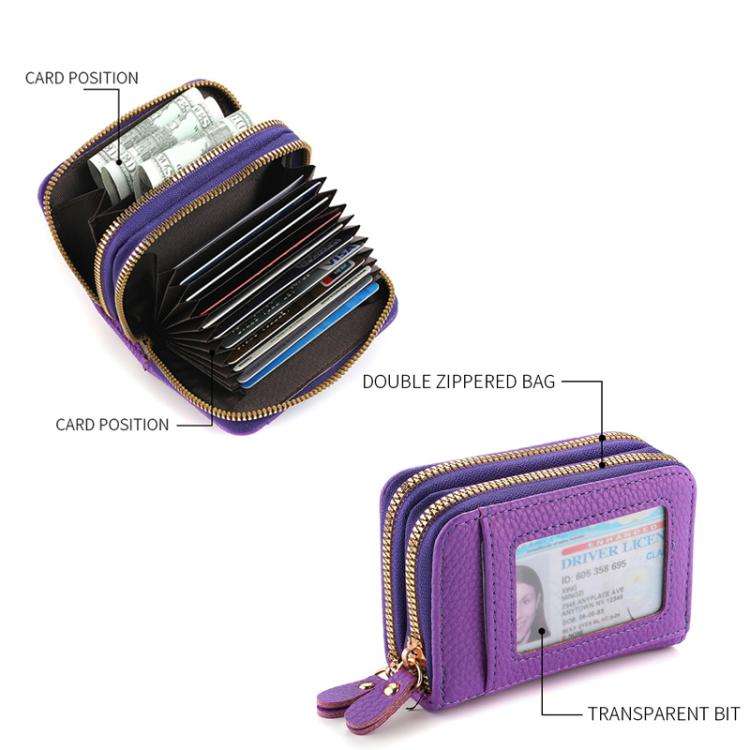 Women Minimalist Accordion Wallet Coin Purse Card Organizer With Double Zipper ID Window(Purple)