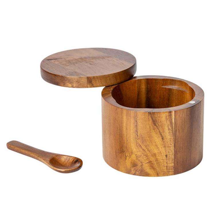 1 Layer Single Grid Wooden Salt Jar Storage Box Seasoning Jar With Lid And Spoon