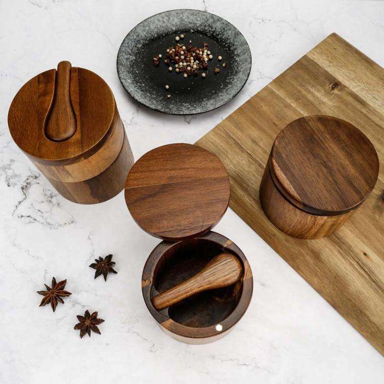 1 Layer Double Grid Wooden Salt Jar Storage Box Seasoning Jar With Lid And Spoon