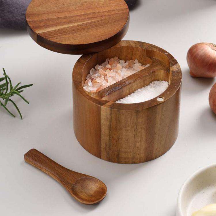 1 Layer Double Grid Wooden Salt Jar Storage Box Seasoning Jar With Lid And Spoon