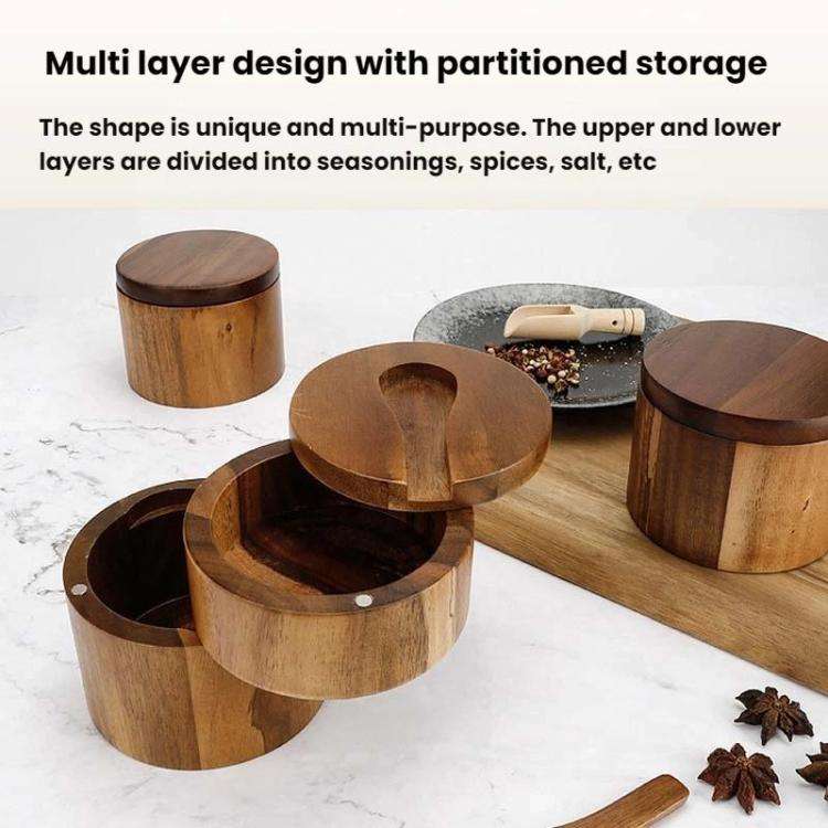 1 Layer Double Grid Wooden Salt Jar Storage Box Seasoning Jar With Lid And Spoon