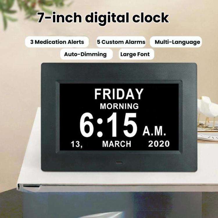 7-inch Digital Frame Calendar Day Clock With 3 Medication Alerts, 5 Custom Alarms, Multi-Language...