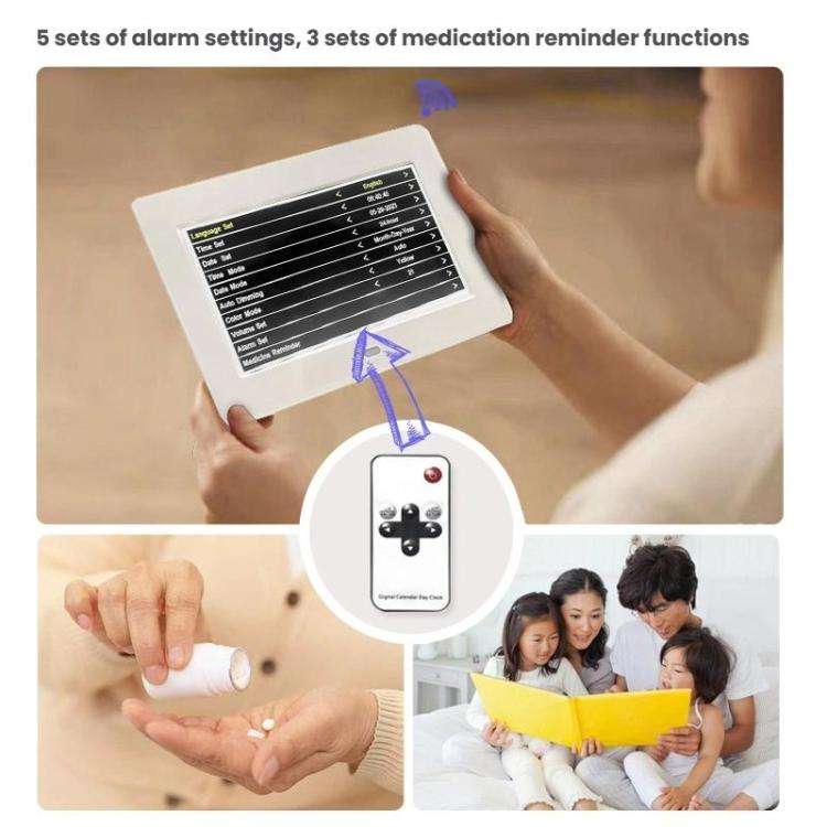 7-inch Digital Frame Calendar Day Clock With 3 Medication Alerts, 5 Custom Alarms, Multi-Language...