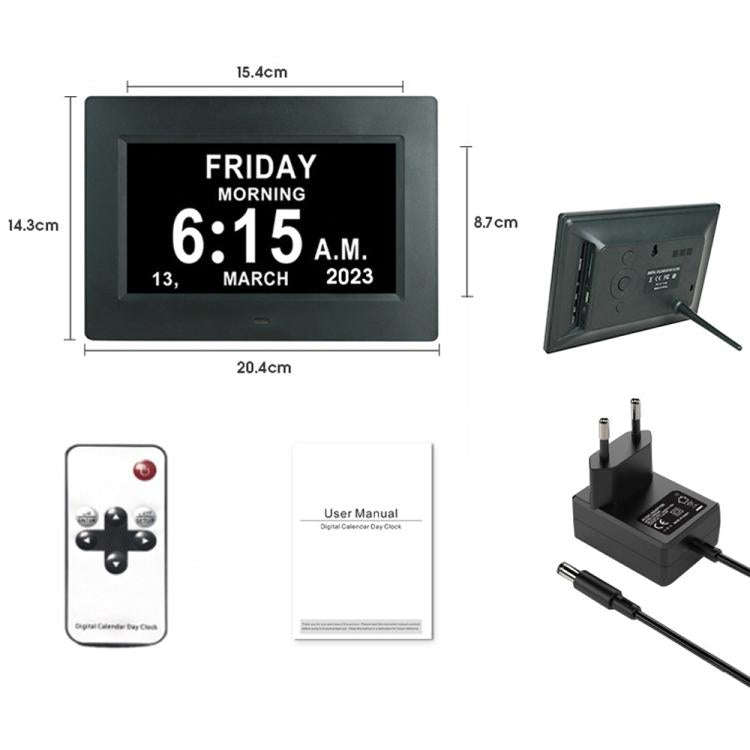 7-inch Digital Frame Calendar Day Clock With 3 Medication Alerts, 5 Custom Alarms, Multi-Language...