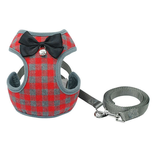 Adjustable Bow Plaid Vest Lead Pull Rope Leash for Cat Dog Pet(M)