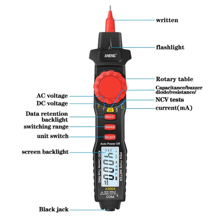ANENG A3004 Multi-Function Pen-Type High-Precision Smart Multimeter(Black)